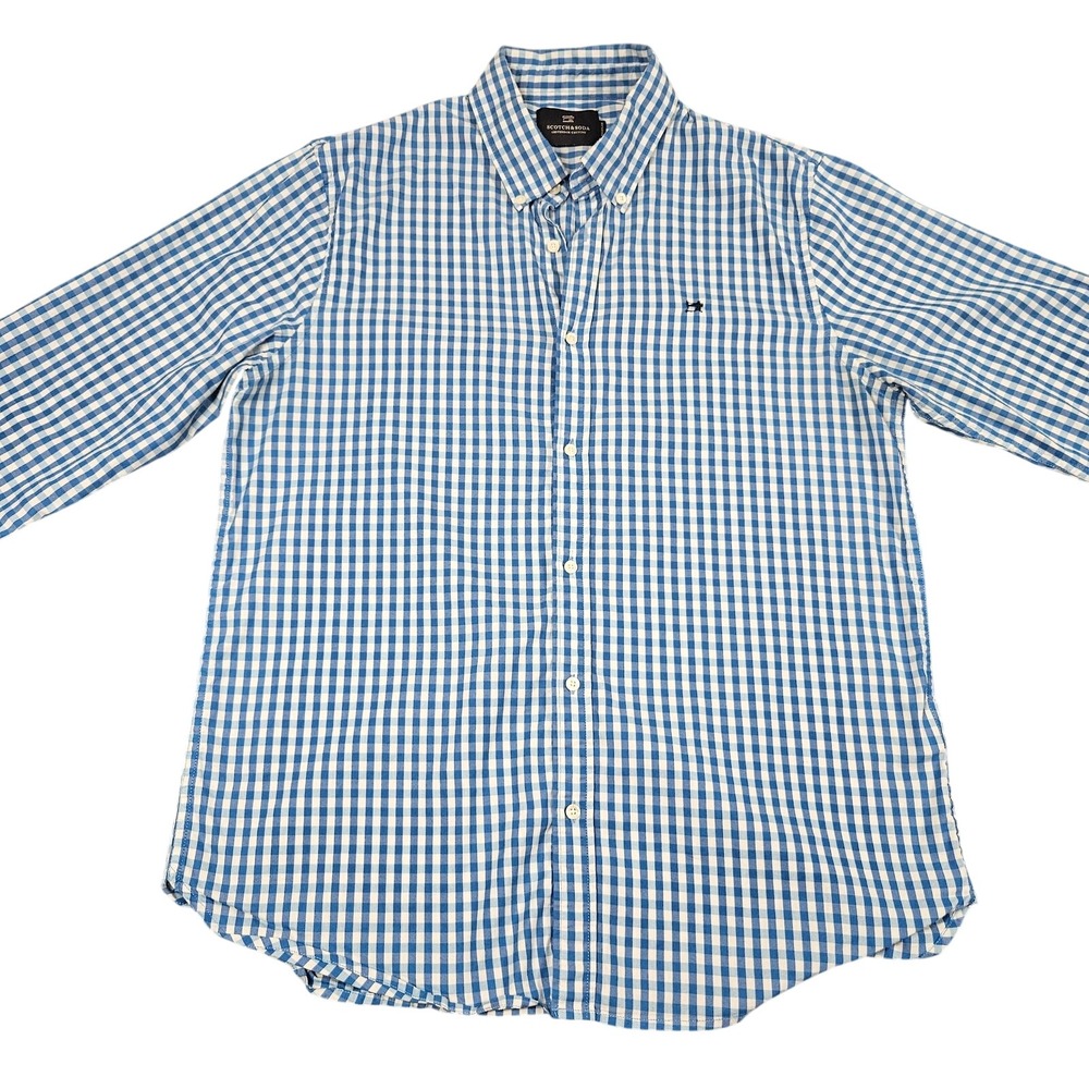 Scotch and Soda Button Down Shirt Large Blue Gingham Plaid Check Casual Preppy
